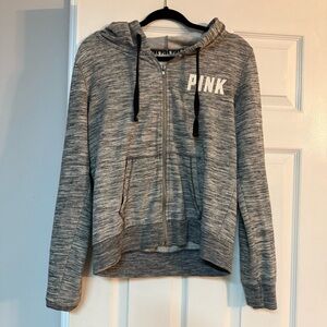 PINK hoodie large Victoria’s Secret women’s sweatshirt long sleeves grey zip up